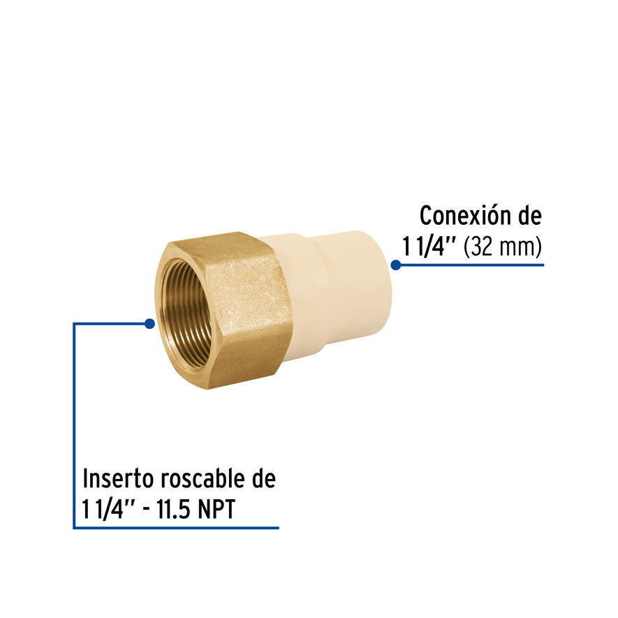 Adaptador hembra de CPVC 1-1/4' con inserto metálico, Foset Caja con 4, 48960