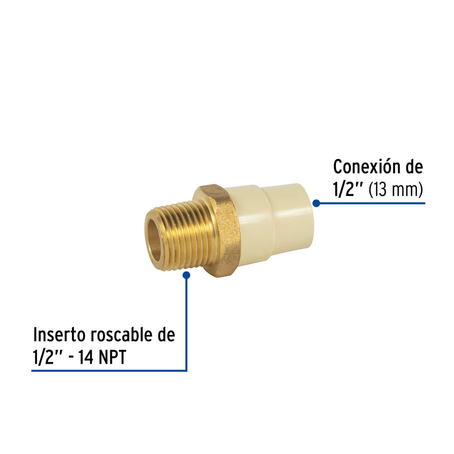 Adaptador macho de CPVC 1/2' con inserto metálico, Foset Caja con 10, 45104