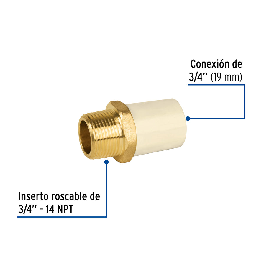Adaptador macho de CPVC 3/4' con inserto metálico, Foset Caja con 10, 45105