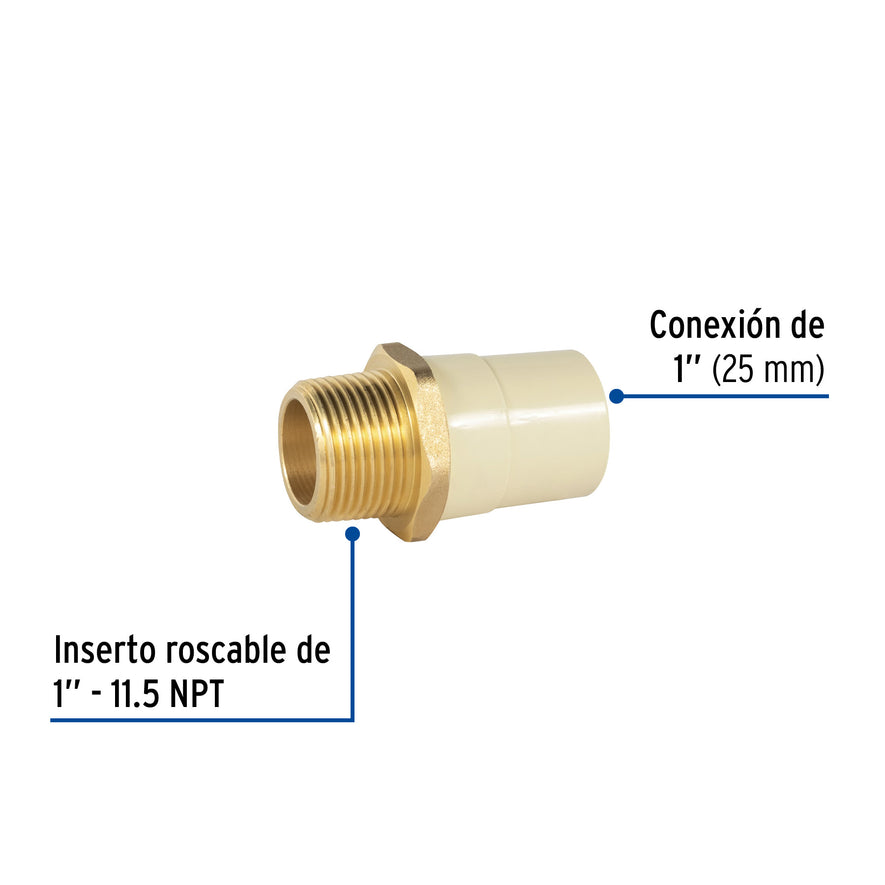 Adaptador macho de CPVC 1' con inserto metálico, Foset Caja con 10, 45106