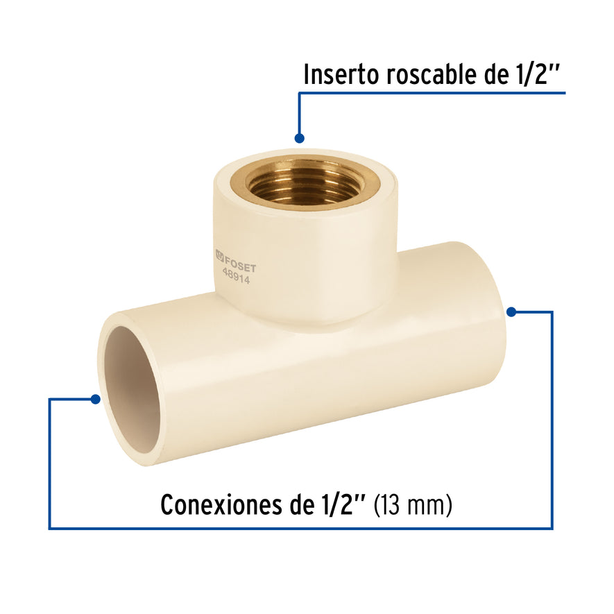 Tee rosca central hembra CPVC 1/2' inserto latón, Foset Caja con 10, 48914