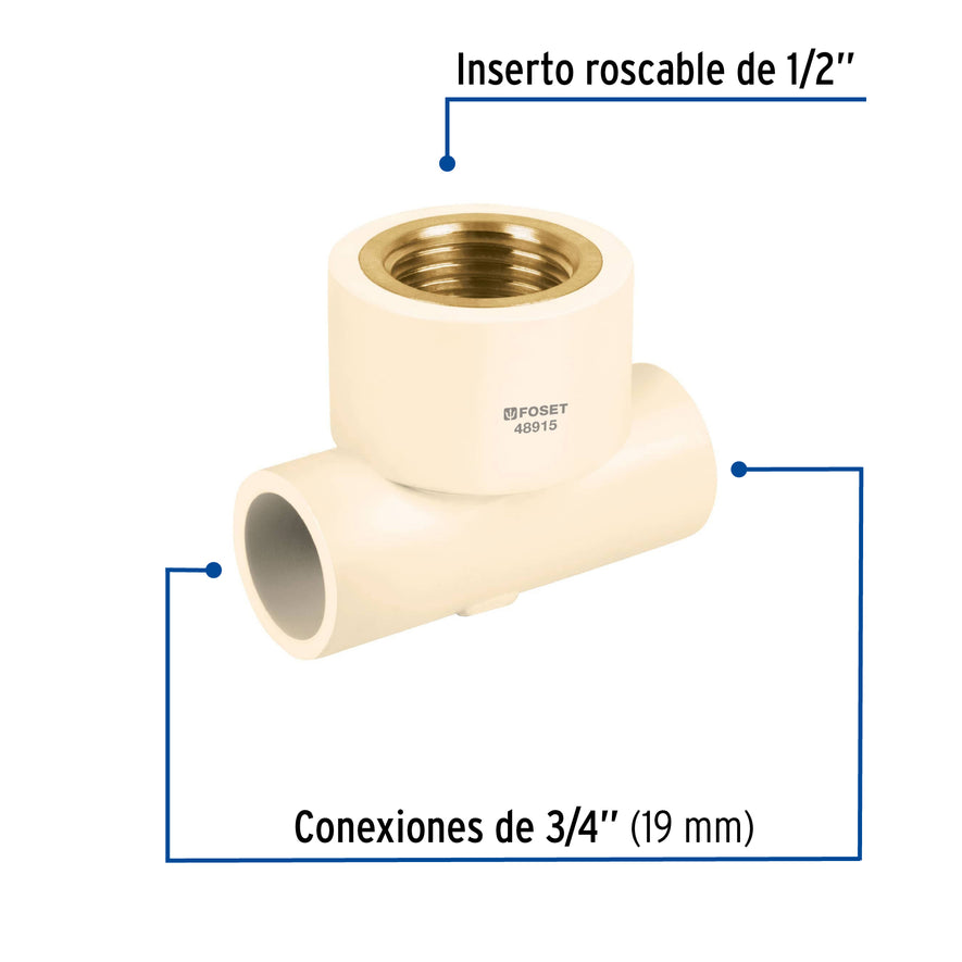 Tee reducida hembra de CPVC 3/4' x 3/4' x 1/2' inserto latón Caja con 10, 48915