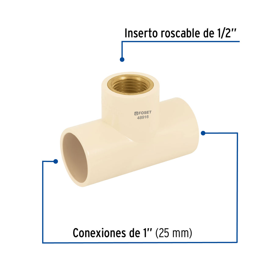 Tee reducida hembra de CPVC 1' x 1' x 1/2' inserto latón Caja con 10, 48916