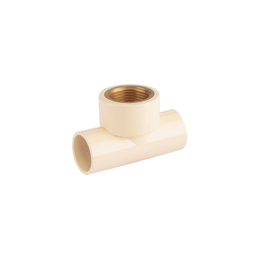 Tee CPVC, 1', rosca central hembra, inserto de latón, FOSET Caja con 10, 44917