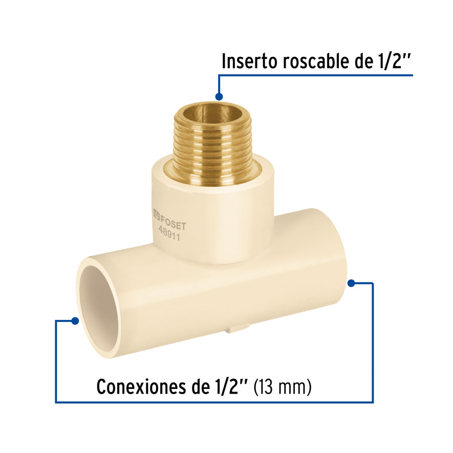 Tee rosca central macho CPVC 1/2' inserto latón, Foset Caja con 10, 48911