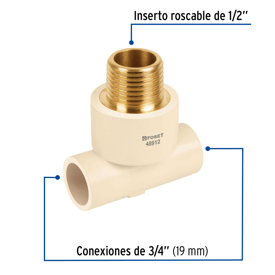 Tee reducida macho de CPVC 3/4' x 3/4' x 1/2' inserto latón Caja con 10, 48912