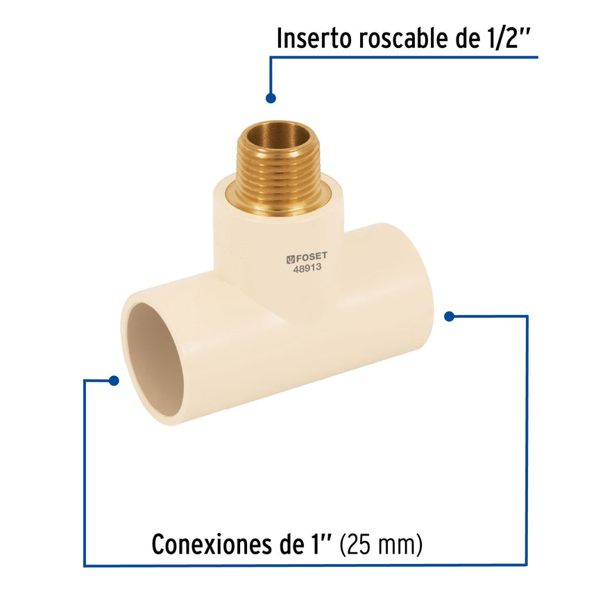Tee reducida macho de CPVC 1' x 1' x 1/2' inserto latón Caja con 10, 48913