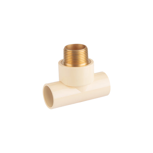 Tee CPVC, 1', rosca central macho, inserto de latón, FOSET Caja con 10, 44915