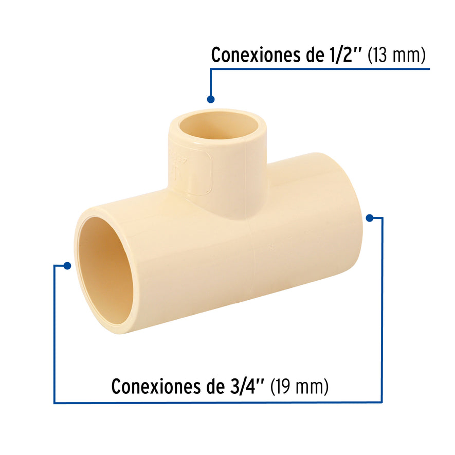 Tee reducida central de CPVC 3/4' x 3/4' x 1/2', Foset Caja con 10, 45072
