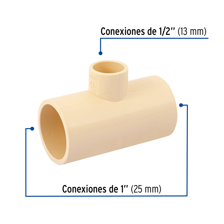 Tee reducida central de CPVC 1' x 1' x 1/2', Foset Caja con 10, 45074