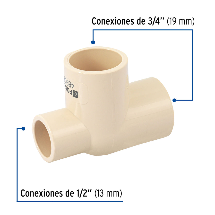 Tee reducida lateral de CPVC 3/4' x 1/2' x 3/4', Foset Caja con 10, 48908