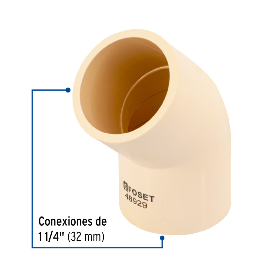 Codo 45° CPVC de 1-1/4', Foset Caja con 4, 48929