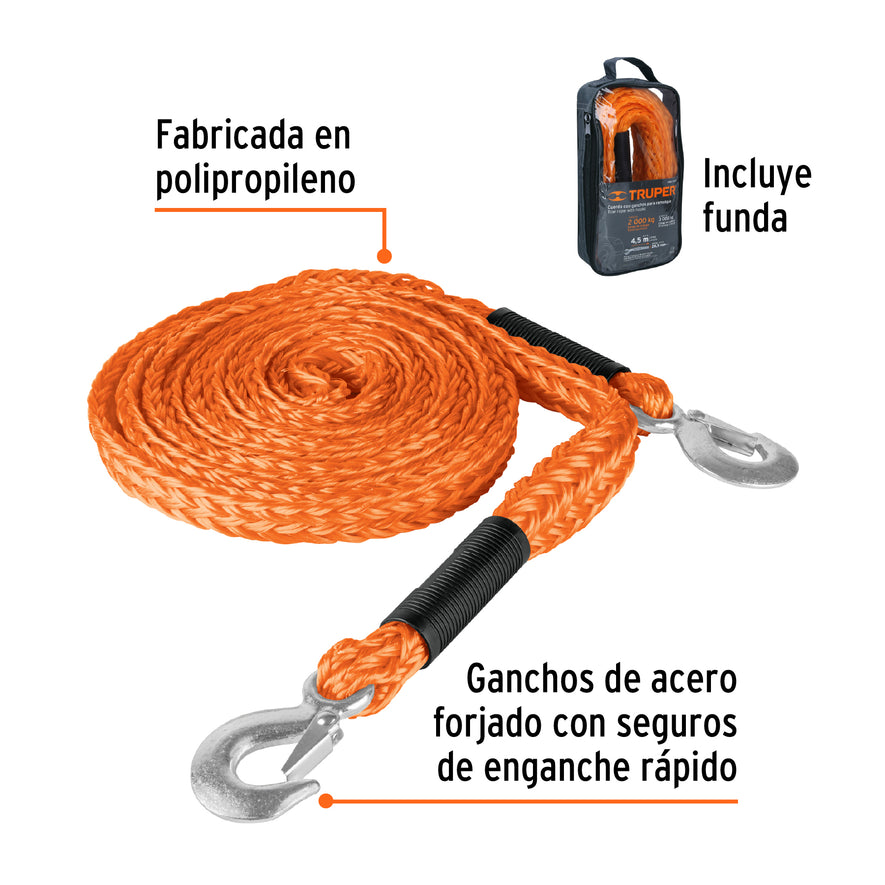 Cuerda con ganchos para remolque, 27 mm x 4.5 m, Truper, 18346