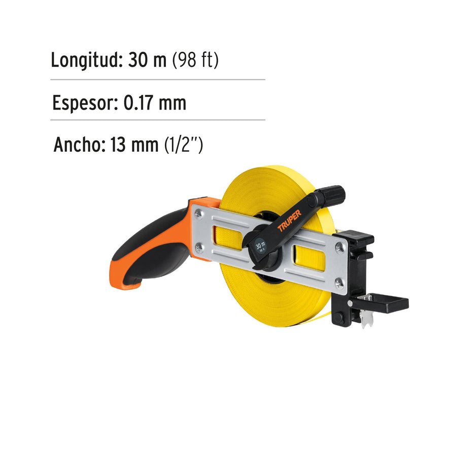 Cinta métrica larga 30 m, metálica, tipo cruceta, TRUPER Caja con 2, 12648