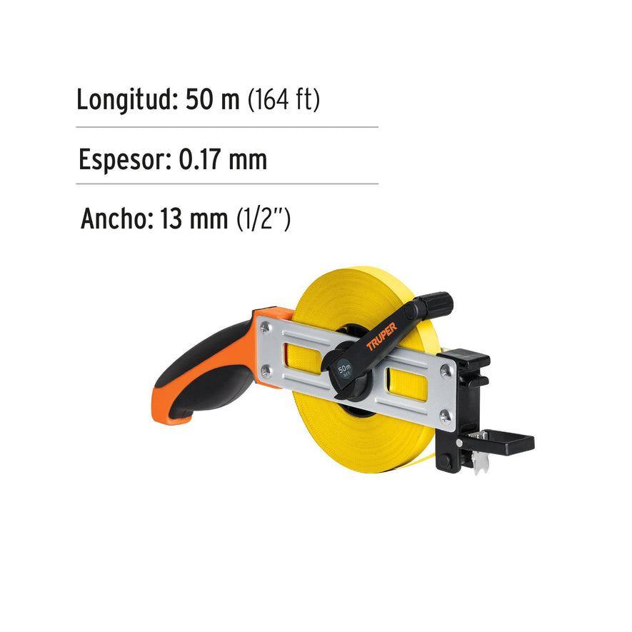 Cinta métrica larga 50 m, metálica, tipo cruceta, TRUPER, 12649