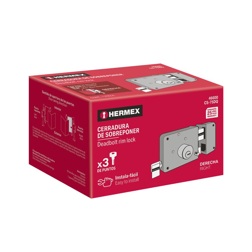 Cerradura sobreponer der instalafácil,llave puntos, Caja con 3, 46600