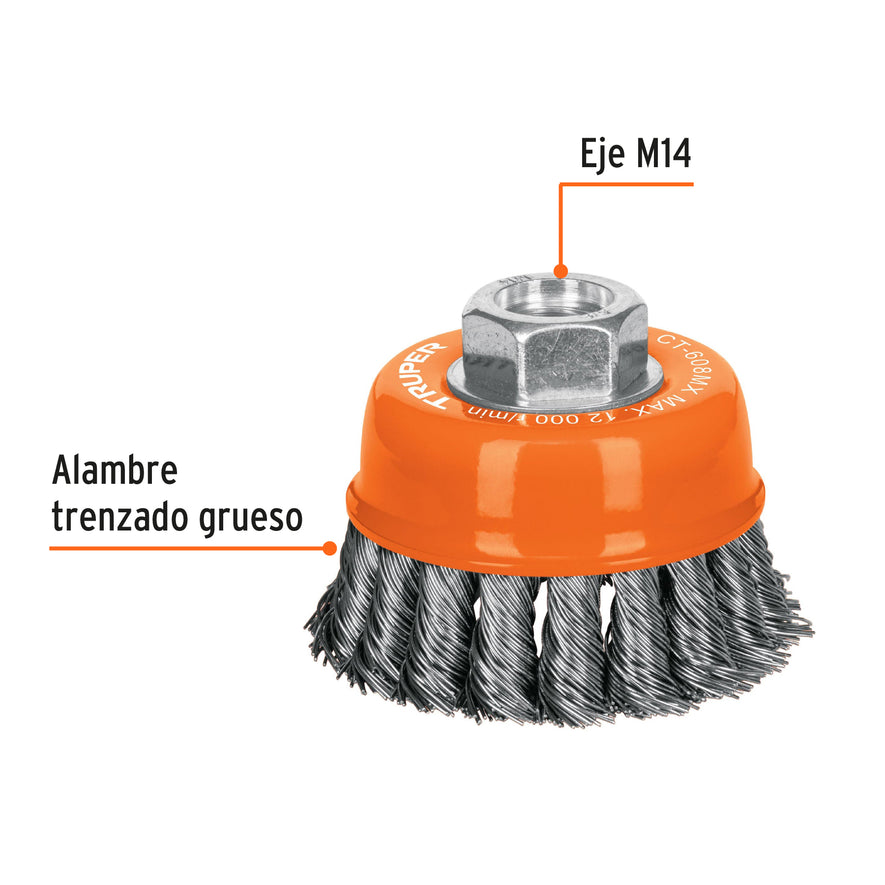 Carda copa 3' alambre trenzado grueso, eje M14, Truper Caja con 4, 17530