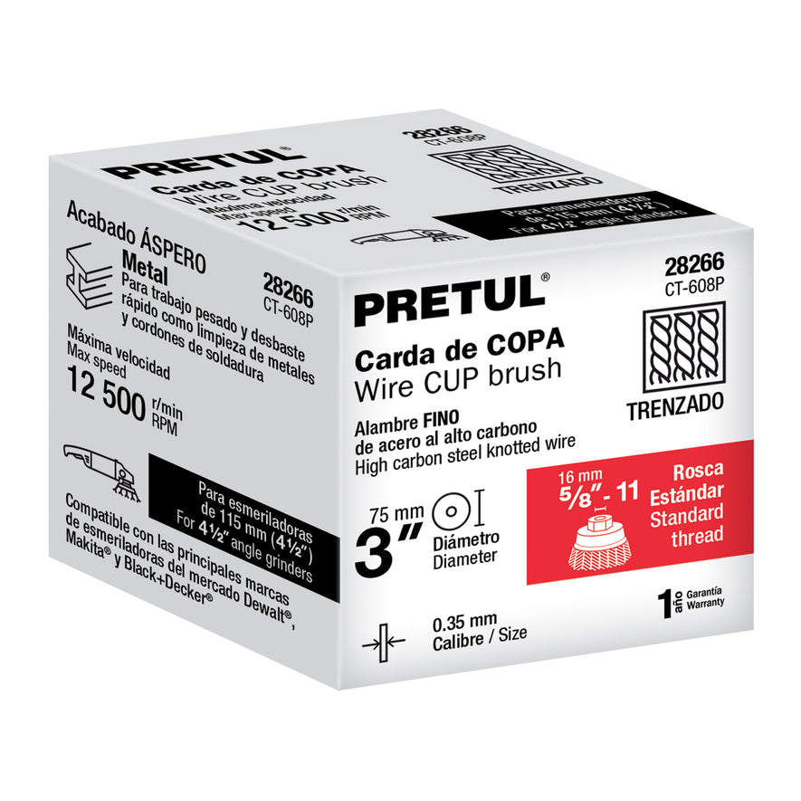 Carda copa 3' alambre trenzado fino, eje 5/8'-11, Pretul Caja con 4, 28266