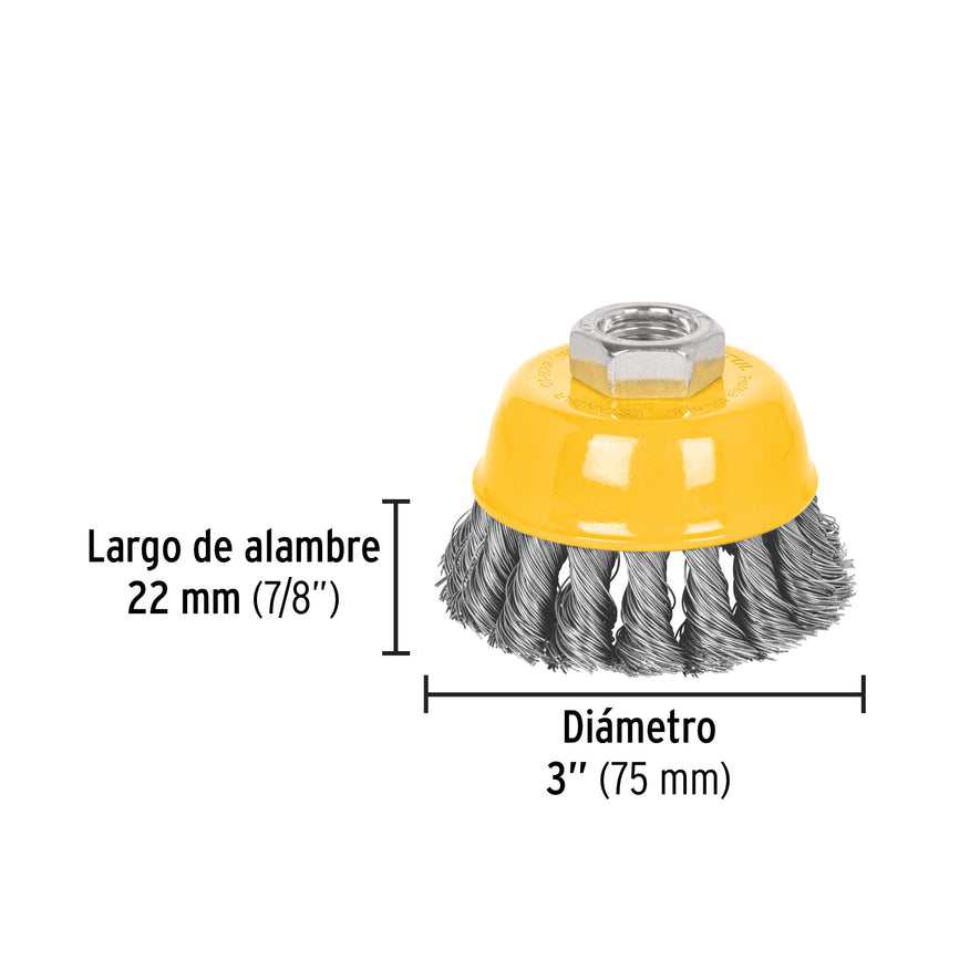 Carda copa 3' alambre trenzado fino, eje 5/8'-11, Pretul Caja con 4, 28266