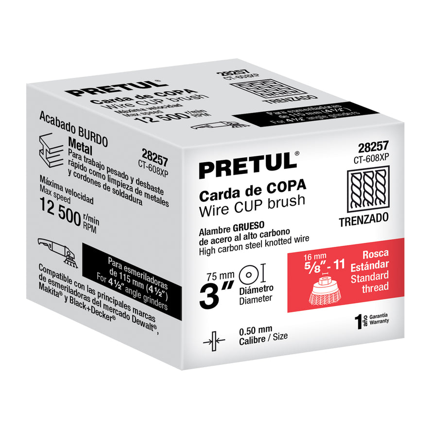 Carda copa 3' alambre trenzado grueso, eje 5/8'-11, Pretul Caja con 4, 28257