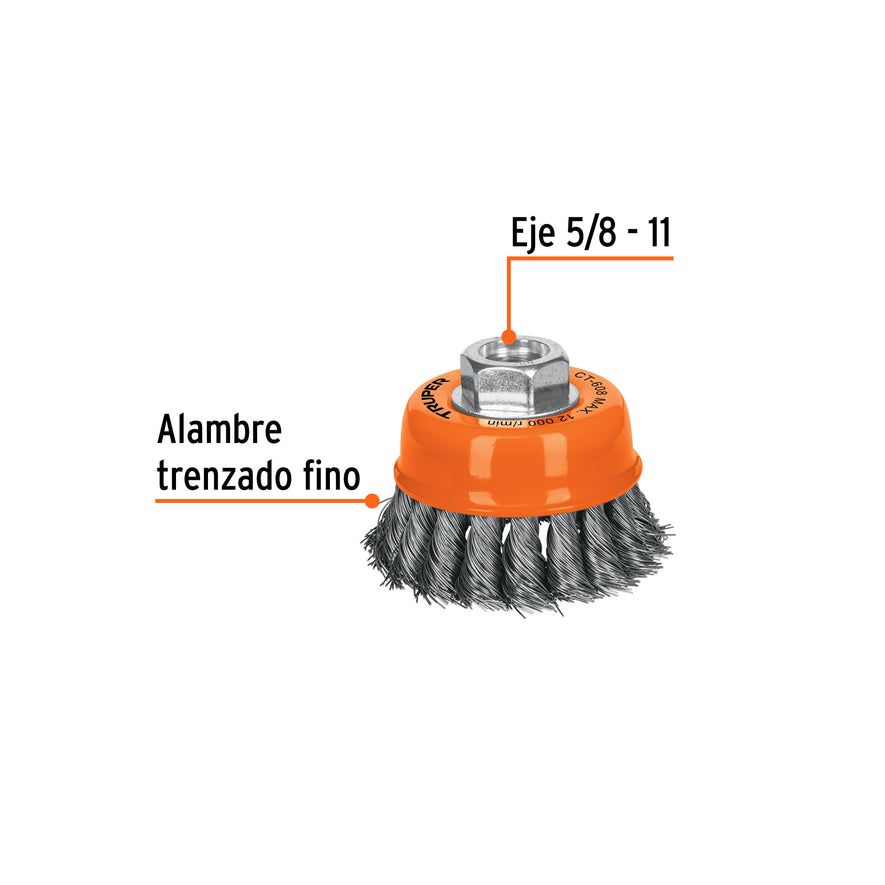 Carda copa 3' alambre trenzado fino, eje 5/8'-11, Truper Caja con 4, 14186
