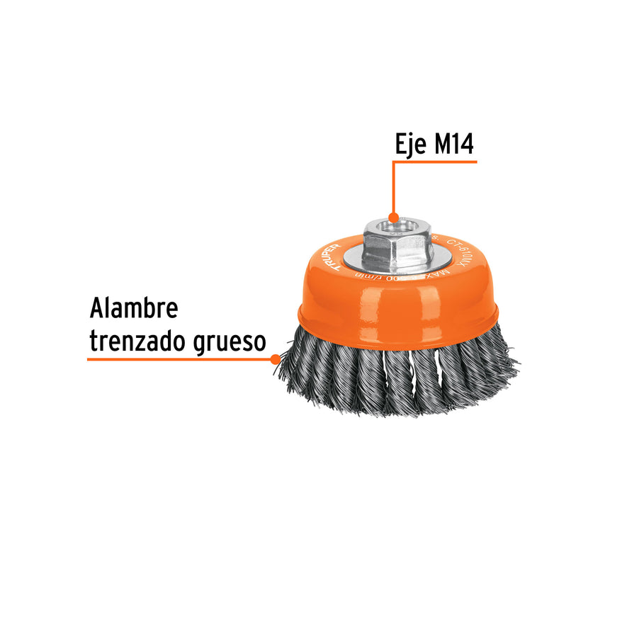 Carda copa 4' alambre trenzado grueso, eje M14, Truper Caja con 4, 17532