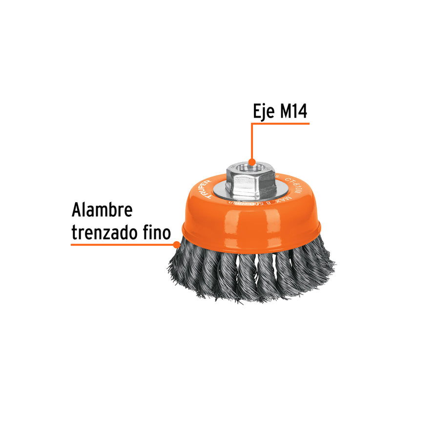 Carda copa 4' alambre trenzado fino, eje M14, Truper Caja con 4, 14185