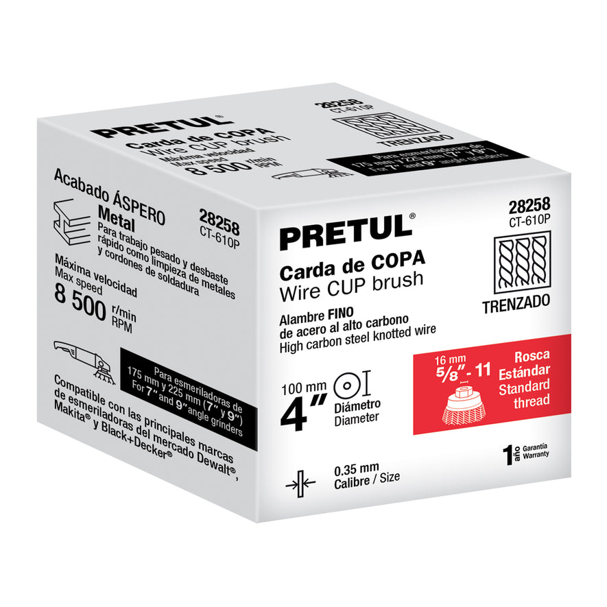 Carda copa 4' alambre trenzado fino, eje 5/8'-11, Pretul Caja con 4, 28258