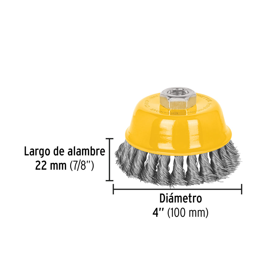 Carda copa 4' alambre trenzado fino, eje 5/8'-11, Pretul Caja con 4, 28258