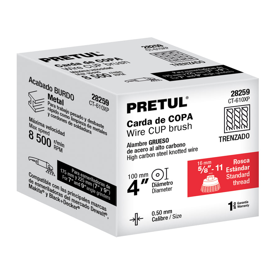 Carda copa 4' alambre trenzado grueso, eje 5/8'-11, Pretul Caja con 4, 28259