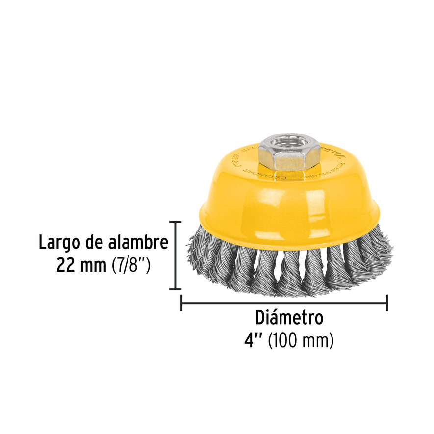 Carda copa 4' alambre trenzado grueso, eje 5/8'-11, Pretul Caja con 4, 28259