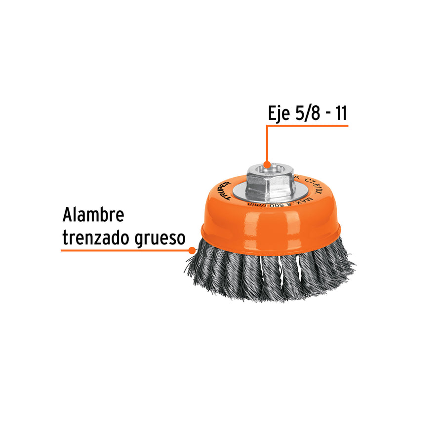 Carda copa 4' alambre trenzado grueso, eje 5/8'-11, Truper Caja con 4, 17531