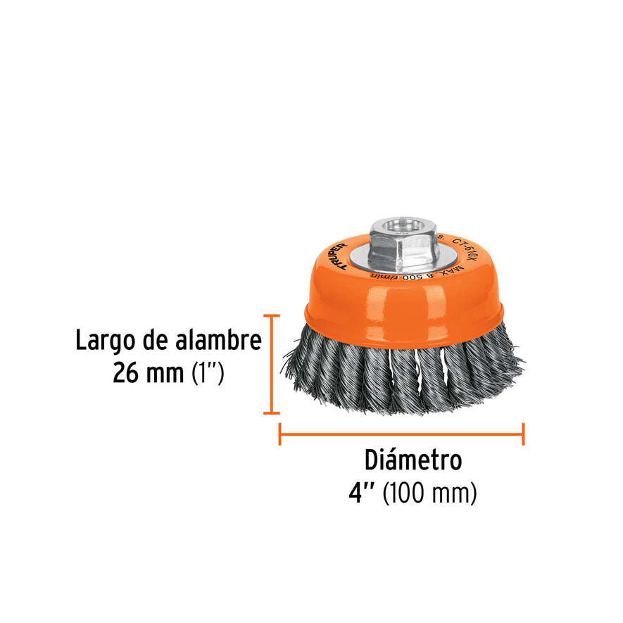Carda copa 4' alambre trenzado grueso, eje 5/8'-11, Truper Caja con 4, 17531