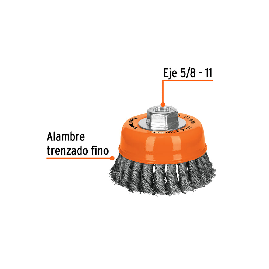 Carda copa 4' alambre trenzado fino, eje 5/8'-11, Truper Caja con 4, 14187