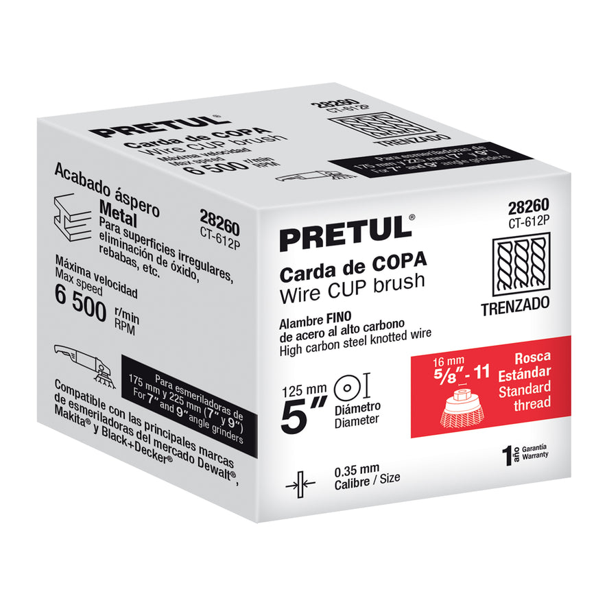 Carda copa 5' alambre trenzado fino, eje 5/8'-11, Pretul Caja con 4, 28260