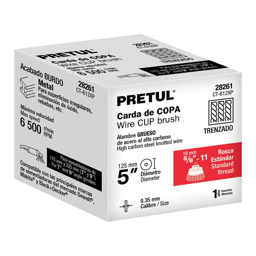 Carda copa 5' alambre trenzado grueso, eje 5/8'-11, Pretul Caja con 4, 28261