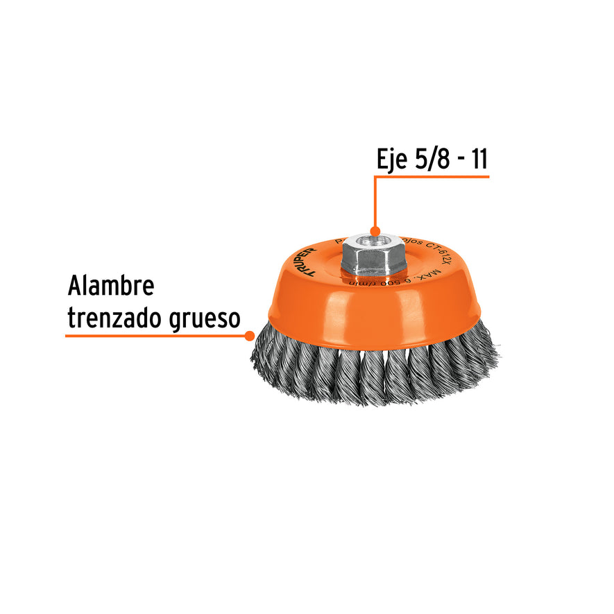 Carda copa 5' alambre trenzado grueso, eje 5/8'-11, Truper Caja con 4, 11542