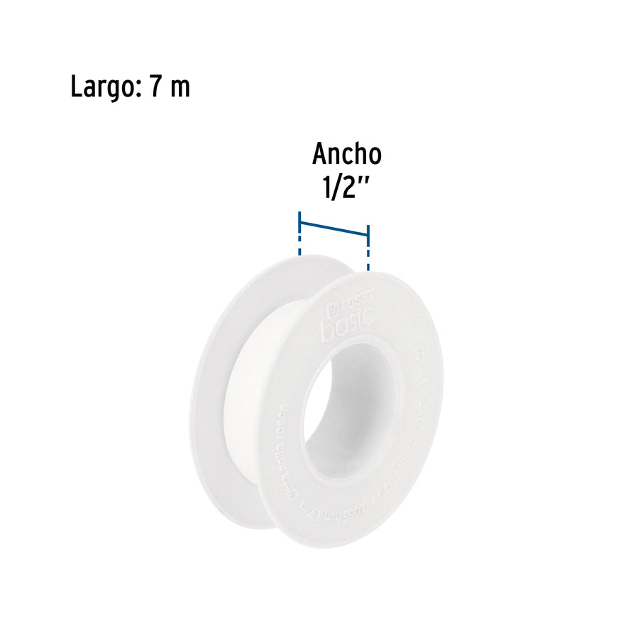 Cinta sella roscas 1/2' x 7 m, uso general, Foset Basic Caja con 100, 48463