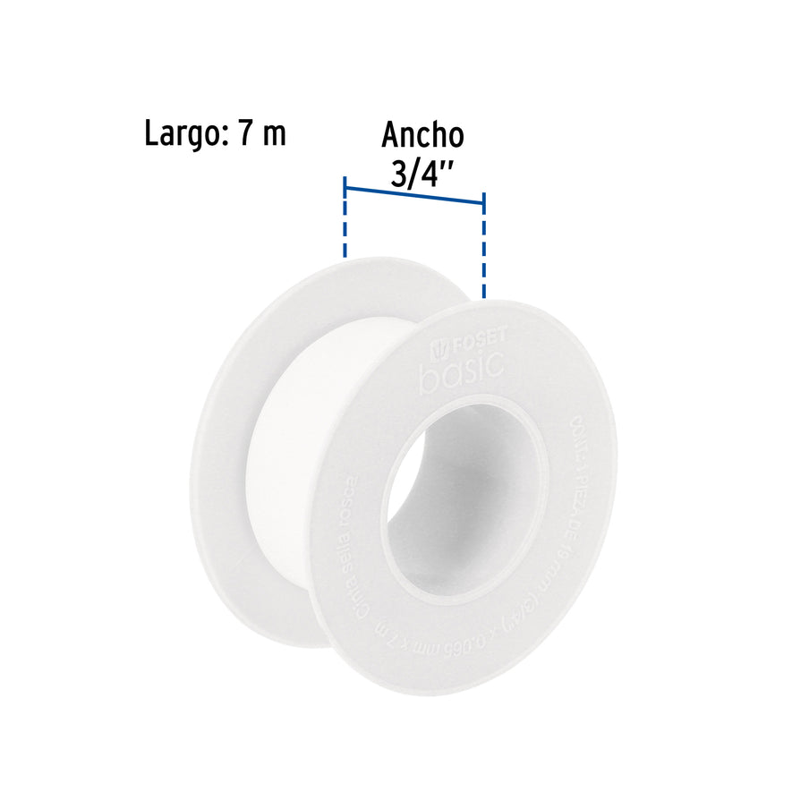 Cinta sella roscas 3/4' x 7 m, uso general, Foset Basic Caja con 40, 48464