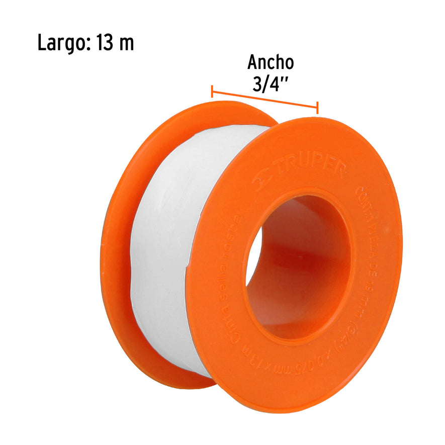 Cinta sella roscas 3/4' X 13 m de largo, uso general, Truper Caja con 10, 12513