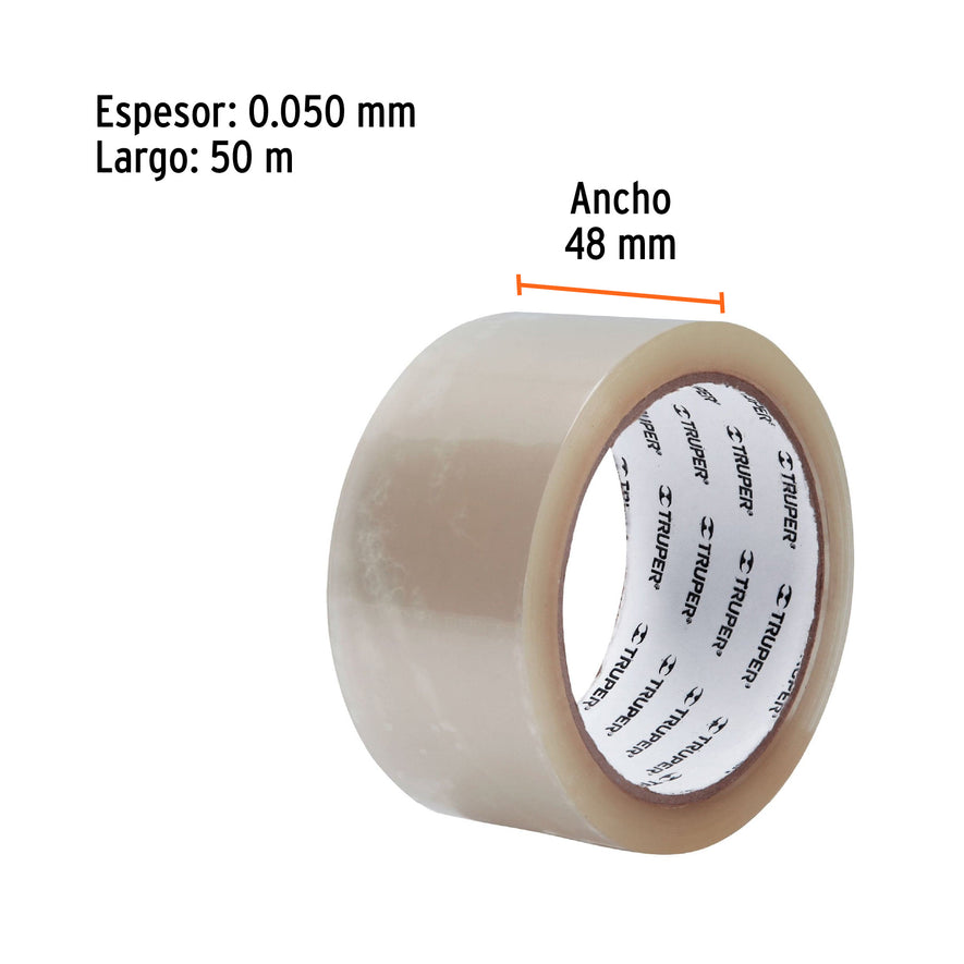 Cinta de empaque 48 mm x 50 m transparente, Truper Caja con 12, 12555