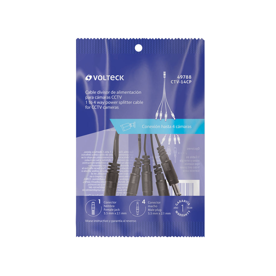 Cable Divisor de Energía tipo Pulpo 1 a 4 para CCTV, Volteck Caja con 4, 49788