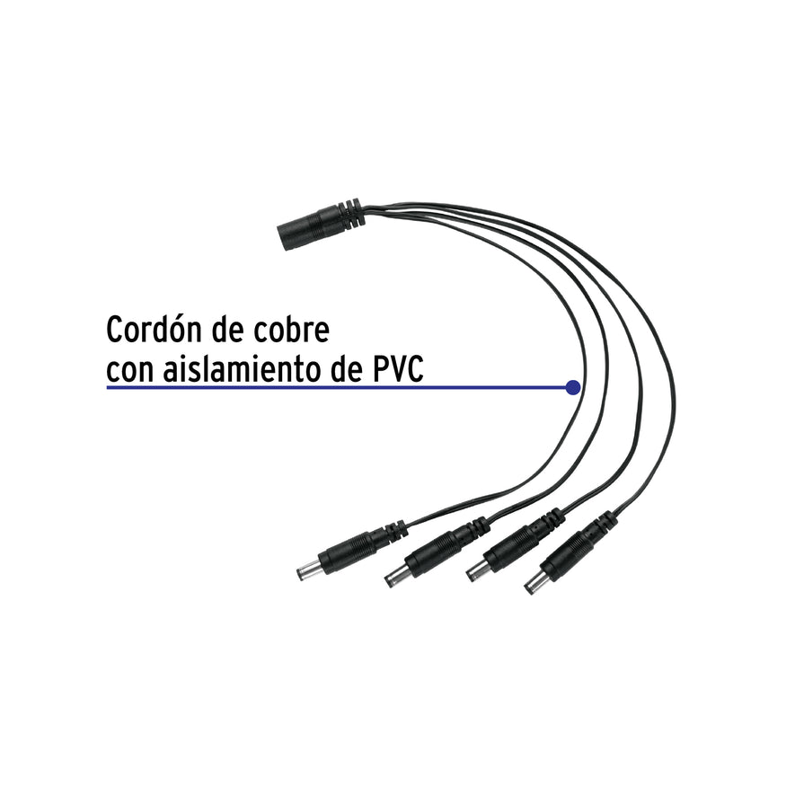 Cable Divisor de Energía tipo Pulpo 1 a 4 para CCTV, Volteck Caja con 4, 49788