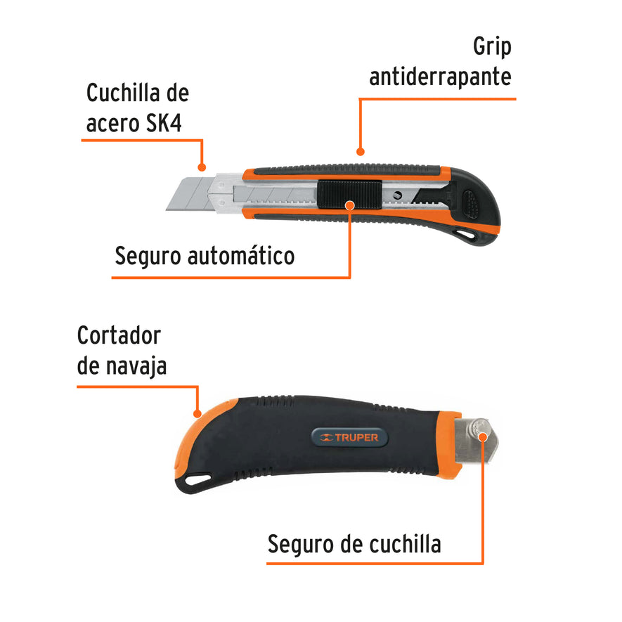 Cutter 25 mm profesional con alma metálica y grip, Truper Caja con 6, 17901