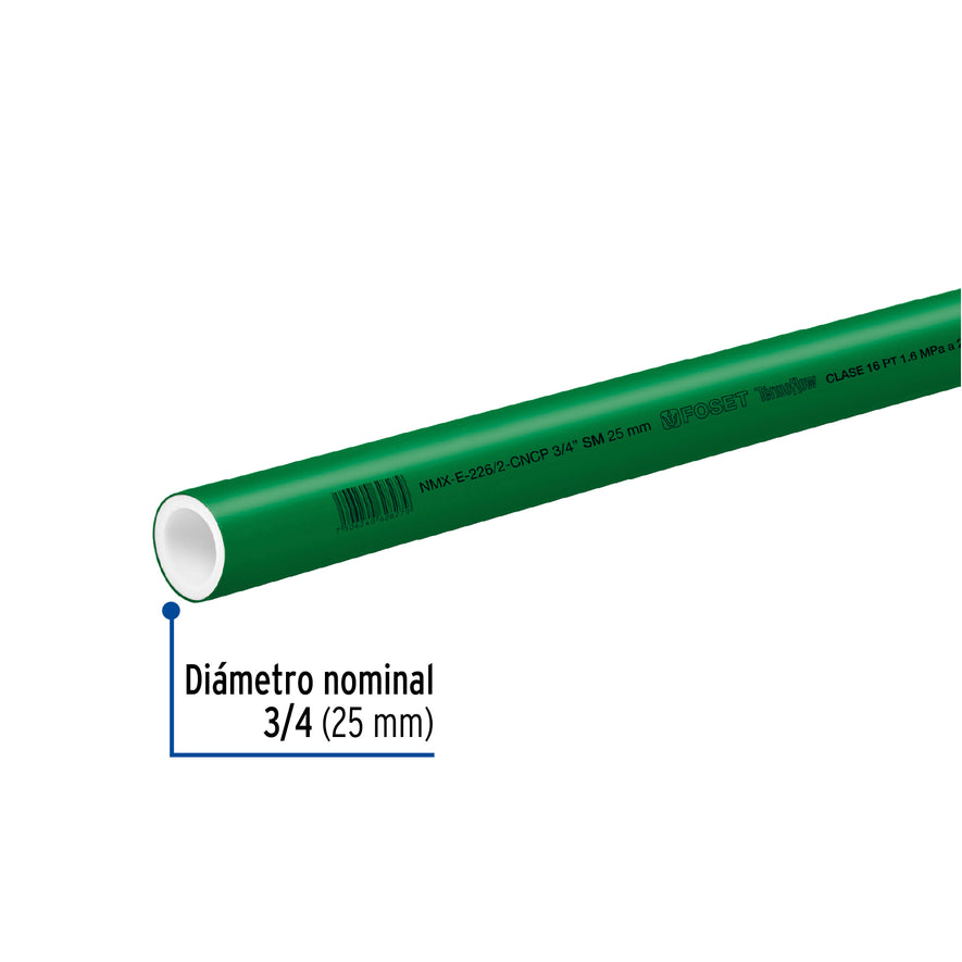 Tubo de 3/4' de PPR hidráulico de 4 m, Foset Caja con 10, 49898