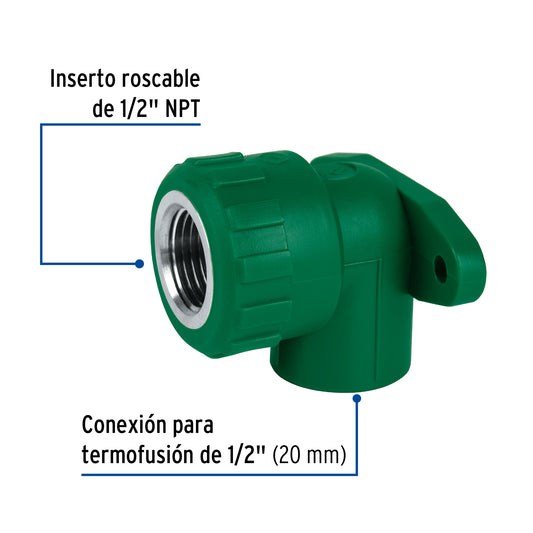 Codo oreja 90° PPR, 1/2', hembra con inserto metálico, Foset Caja con 10, 46036
