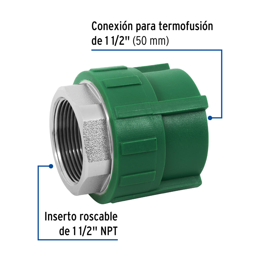 Adaptador PPR 1-1/2' hembra con inserto metálico, Foset Caja con 4, 45454