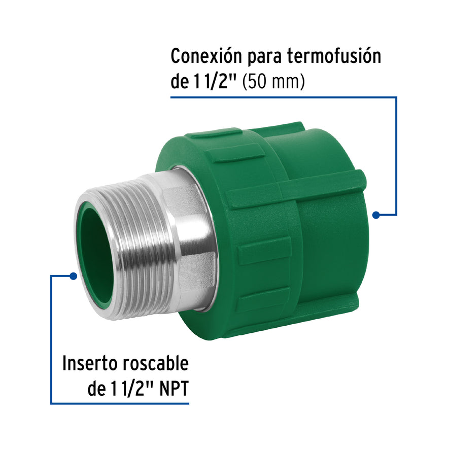 Adaptador PPR 1-1/2' macho con inserto metálico, Foset Caja con 4, 45451