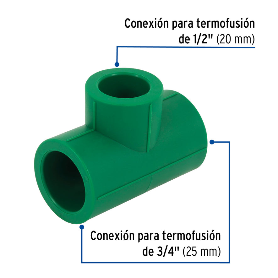 Tee reducida de PPR 3/4' x 3/4' x 1/2', Foset Caja con 10, 49844