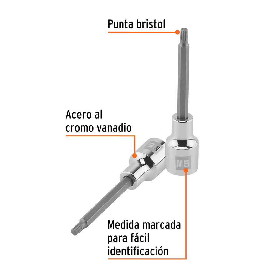 Dado punta larga bristol M5, cuadro 1/2', Truper Caja con 6, 101248